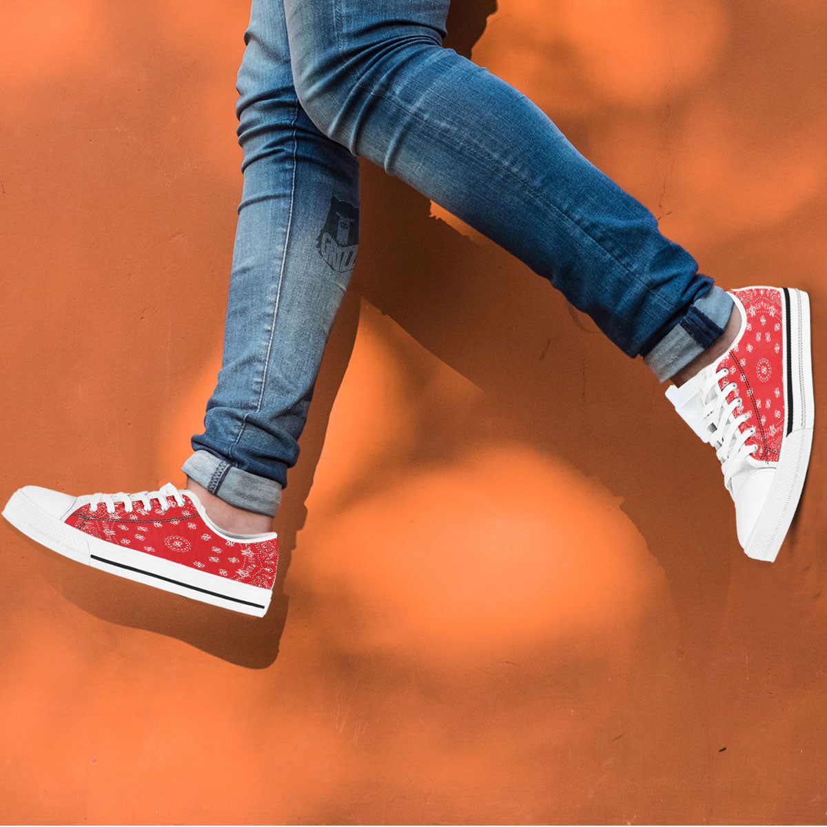 Bandana Red Paisley Print White Low Top Shoes-grizzshop