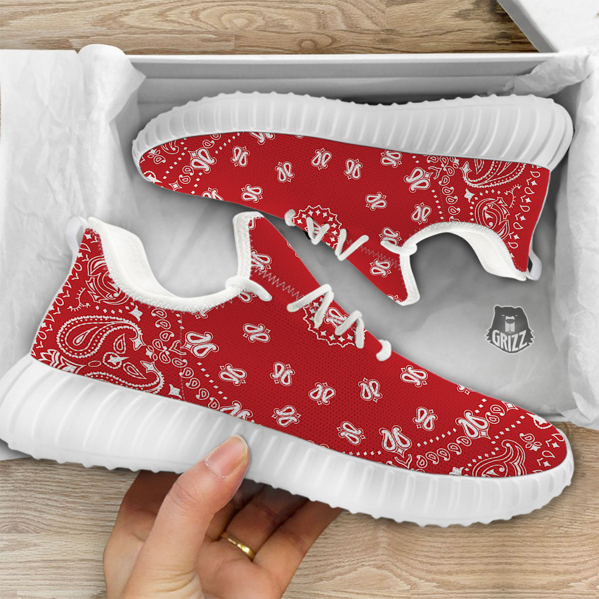 Bandana Red Paisley Print White Walking Shoes-grizzshop