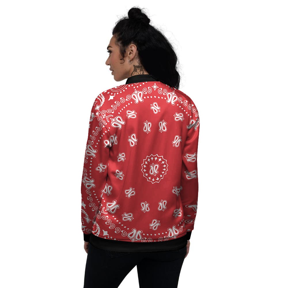 Bandana Red Paisley Print Women's Bomber Jacket-grizzshop
