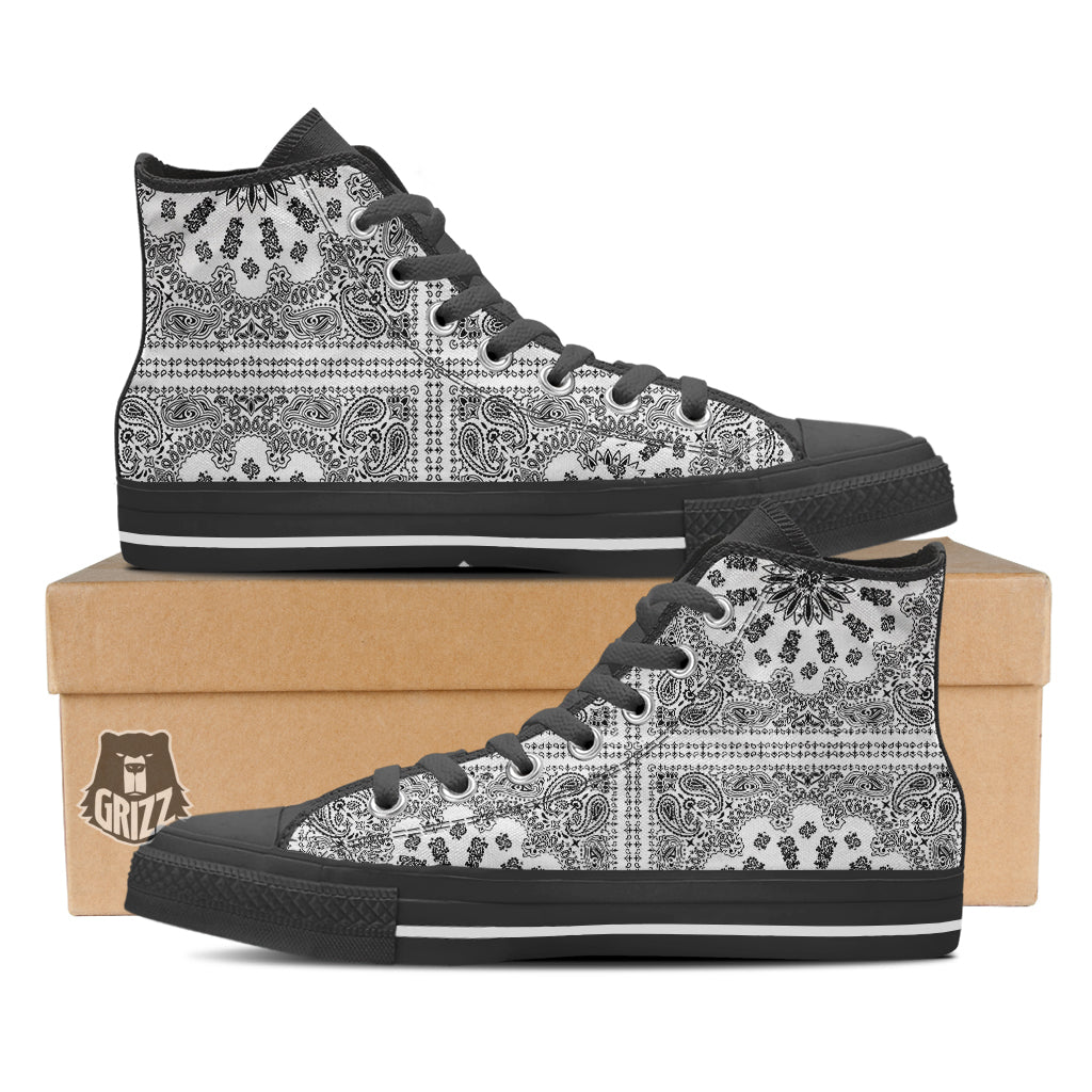 Bandana White And Black Paisley Print Pattern Black High Top Shoes-grizzshop