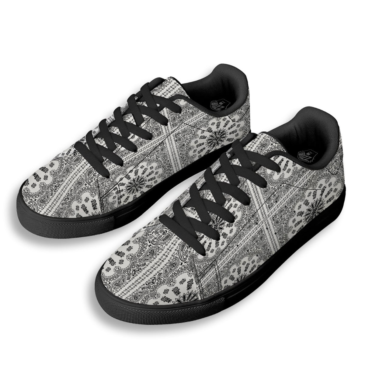 Bandana White And Black Paisley Print Pattern Black Low Top Sneakers-grizzshop