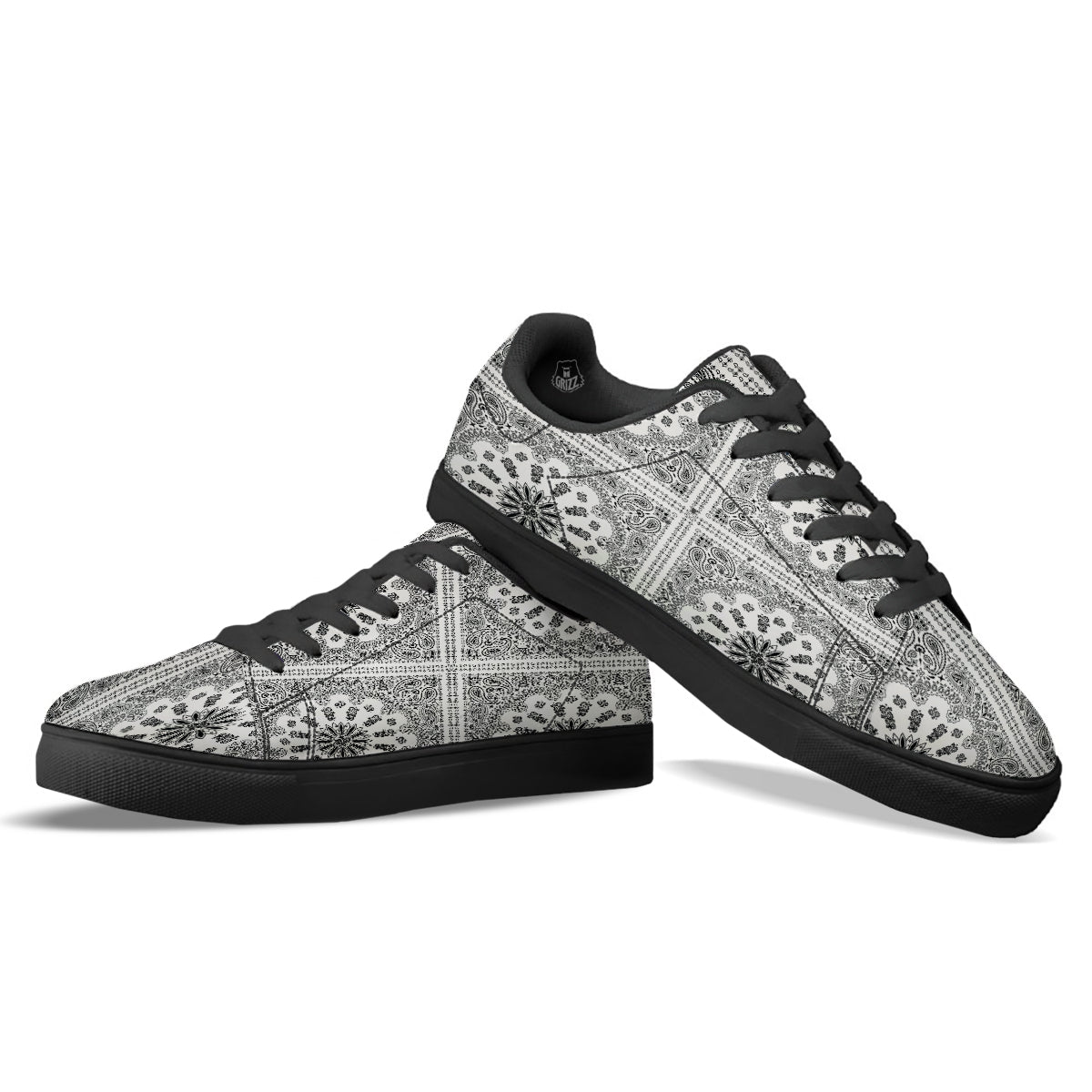 Bandana White And Black Paisley Print Pattern Black Low Top Sneakers-grizzshop