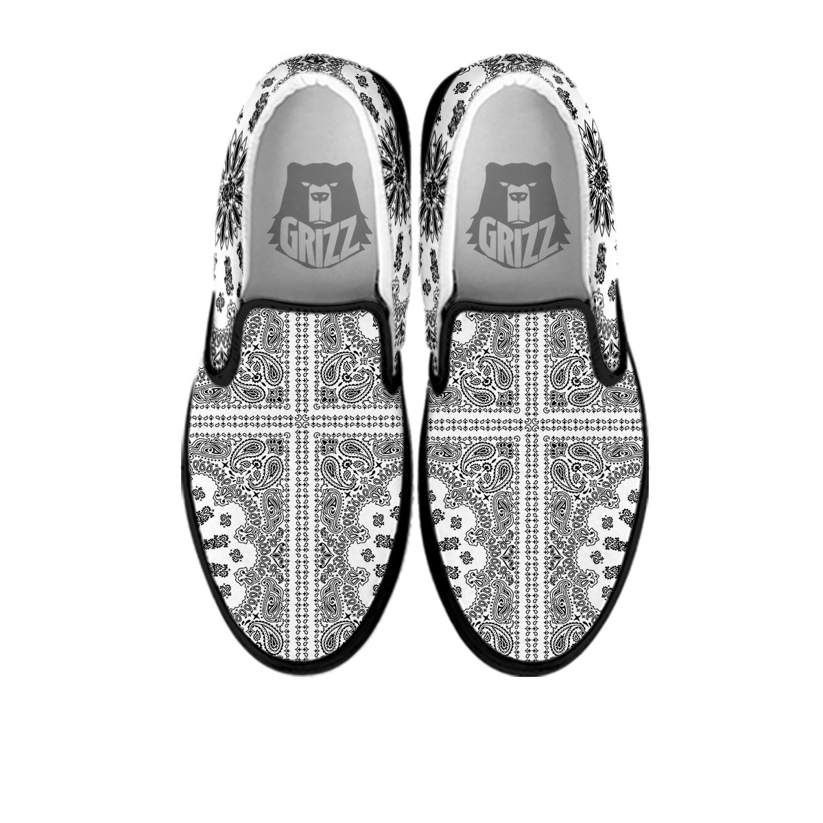 Bandana White And Black Paisley Print Pattern Black Slip On Shoes-grizzshop