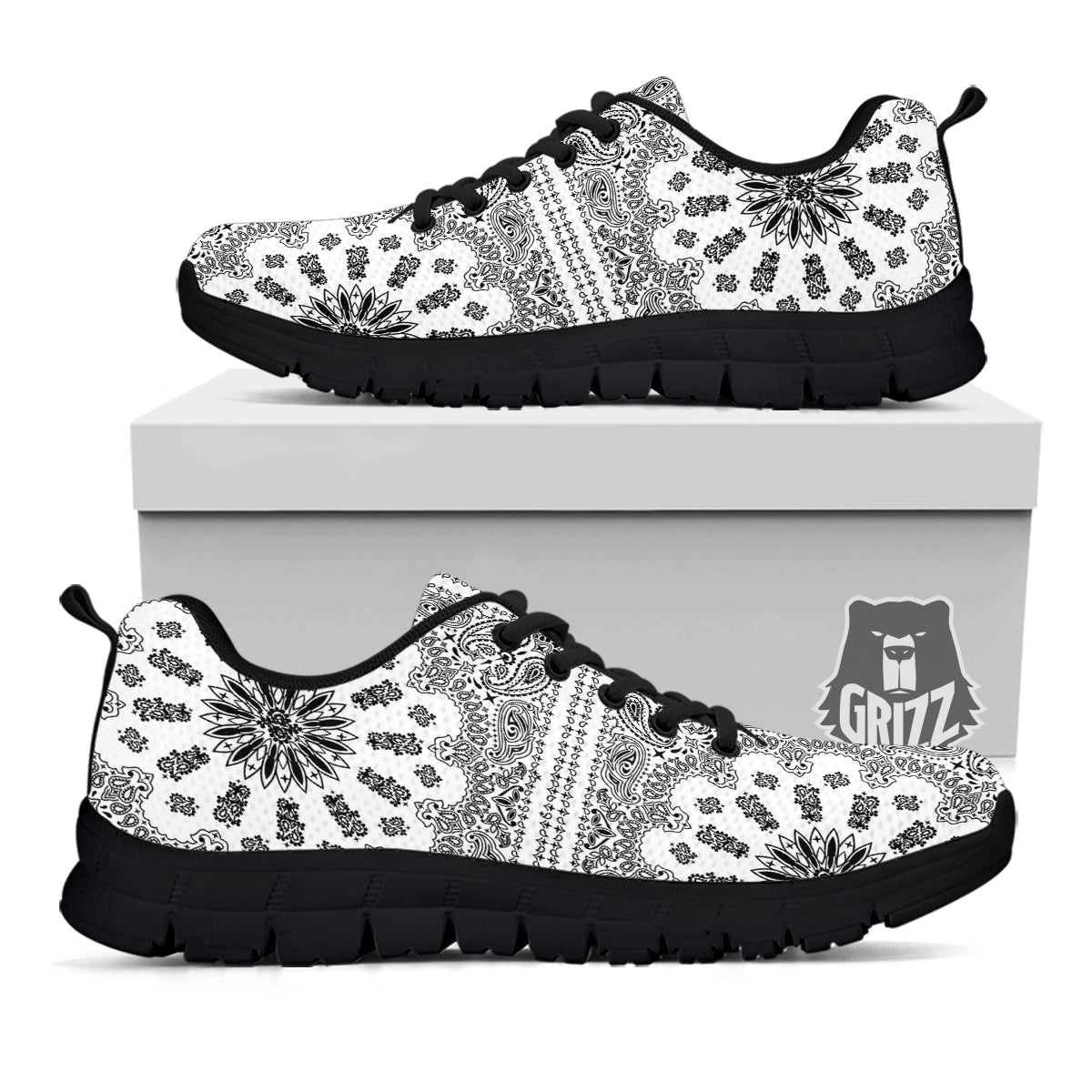 Bandana White And Black Paisley Print Pattern Black Sneaker-grizzshop