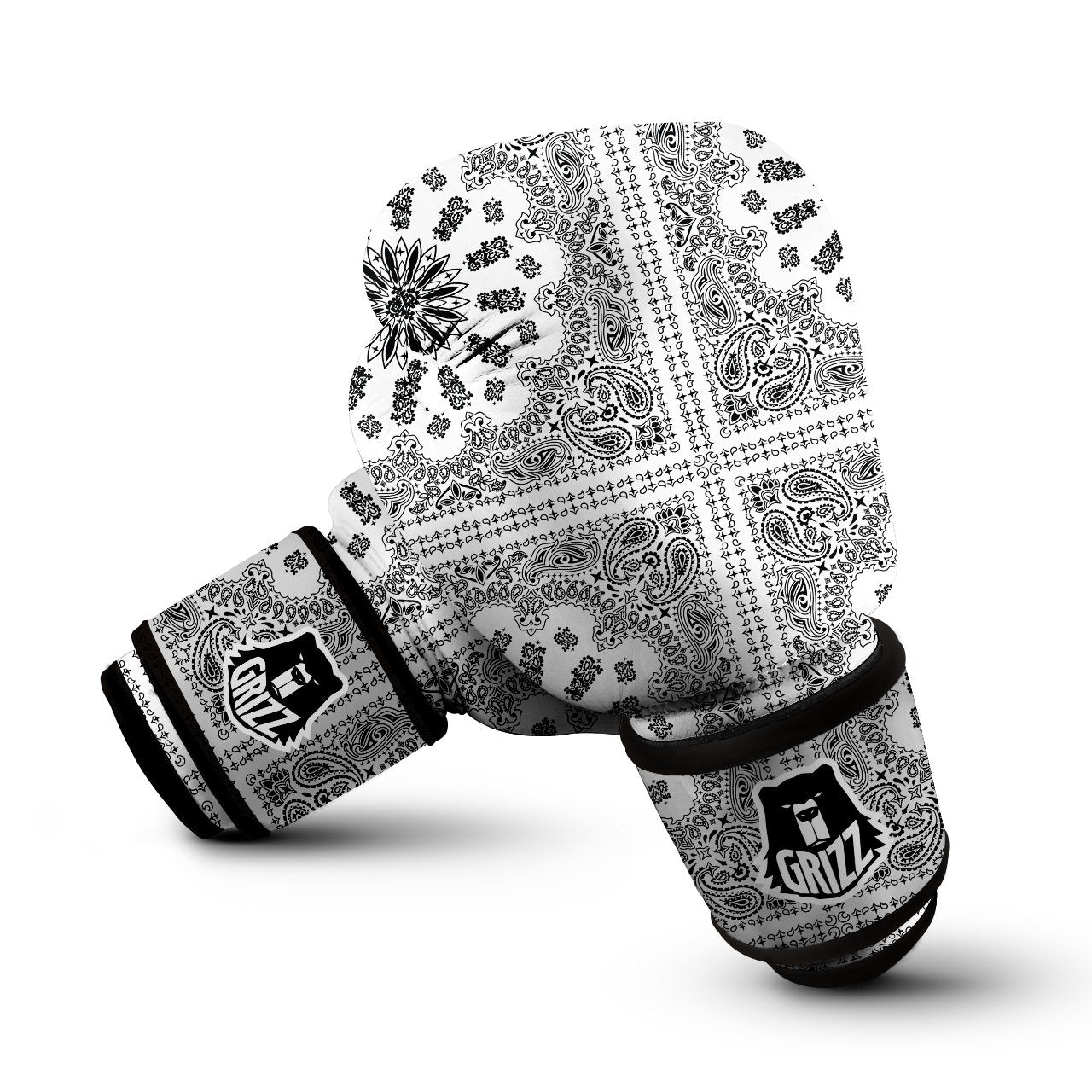 Bandana White And Black Paisley Print Pattern Boxing Gloves-grizzshop