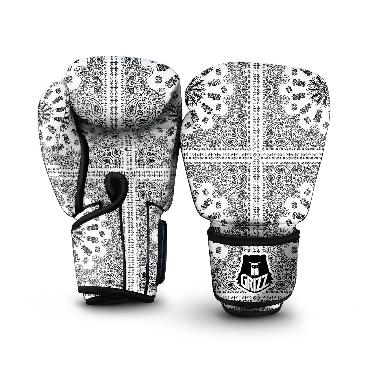 Bandana White And Black Paisley Print Pattern Boxing Gloves-grizzshop