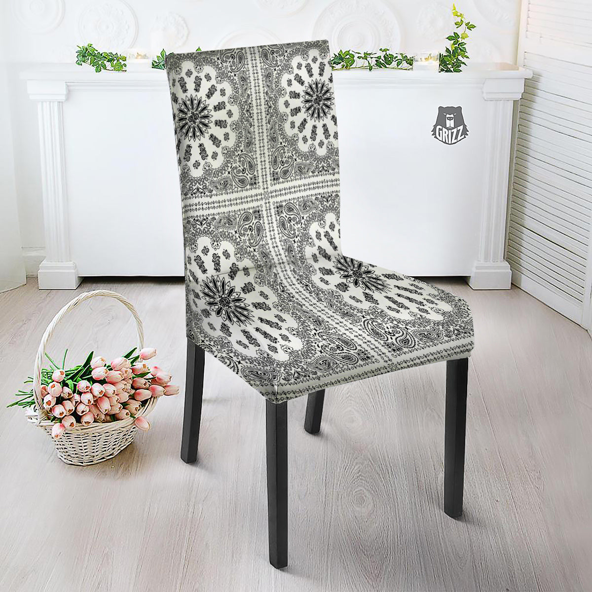 Bandana White And Black Paisley Print Pattern Dining Chair Slipcover-grizzshop