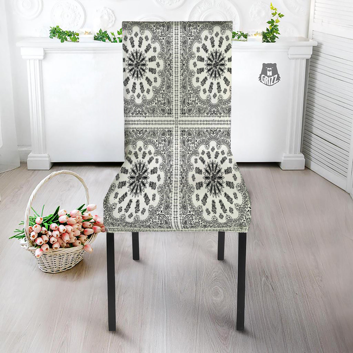 Bandana White And Black Paisley Print Pattern Dining Chair Slipcover-grizzshop