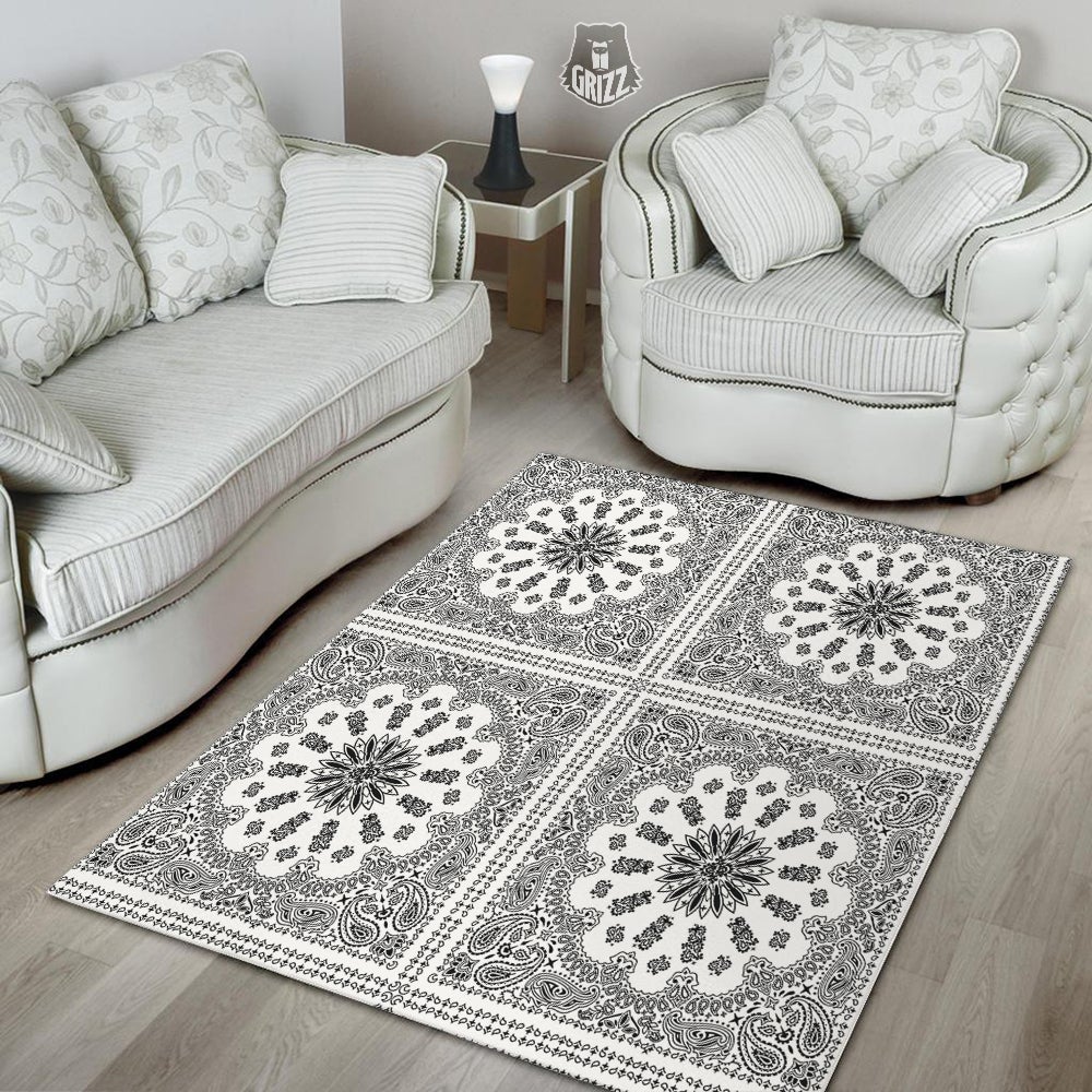 Bandana White And Black Paisley Print Pattern Floor Mat-grizzshop