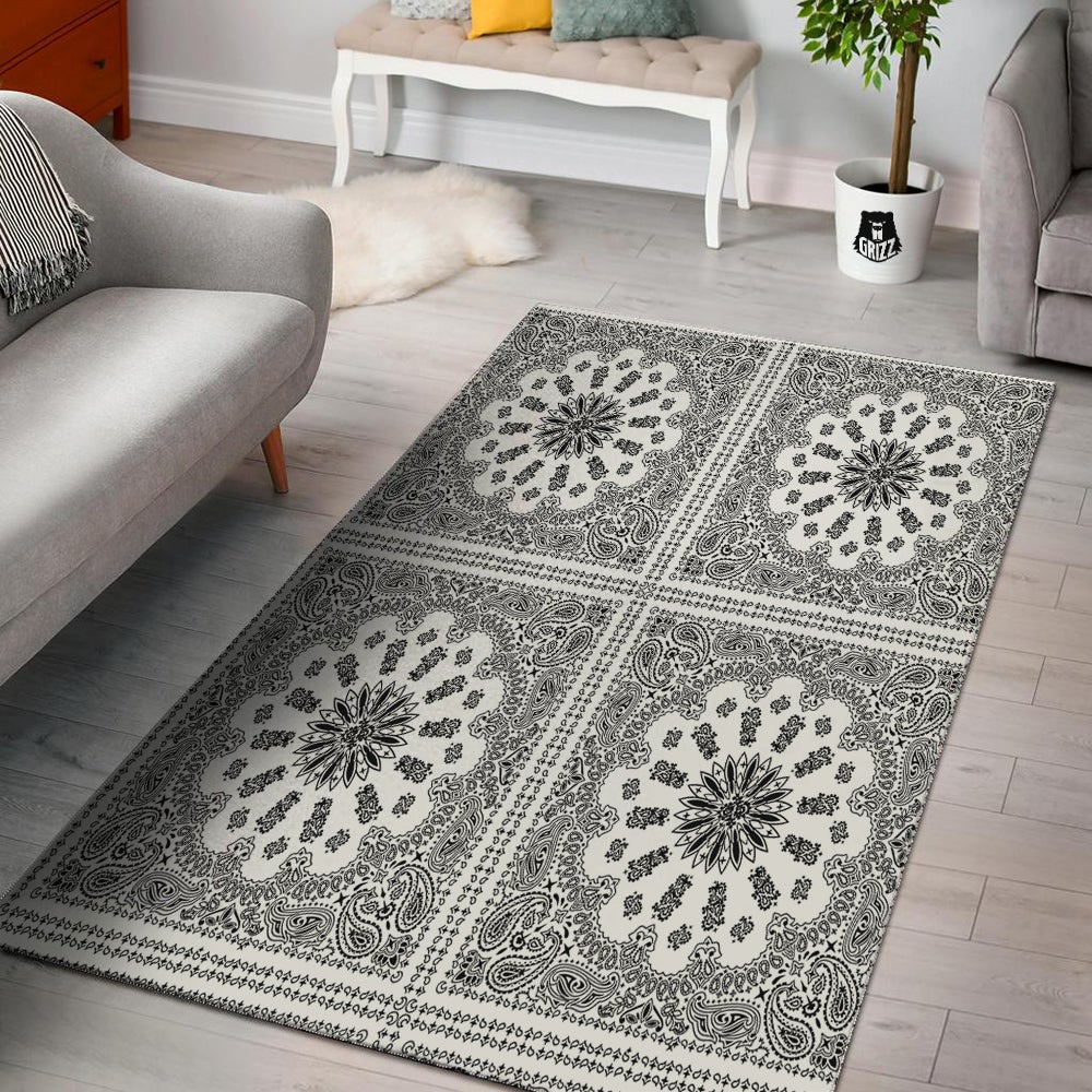 Bandana White And Black Paisley Print Pattern Floor Mat-grizzshop