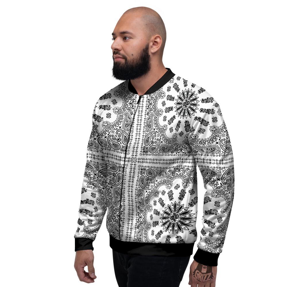 Bandana White And Black Paisley Print Pattern Men's Bomber Jacket-grizzshop