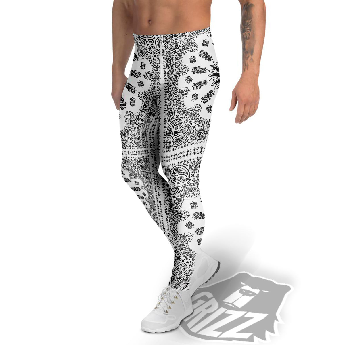 Bandana White And Black Paisley Print Pattern Men's Leggings-grizzshop