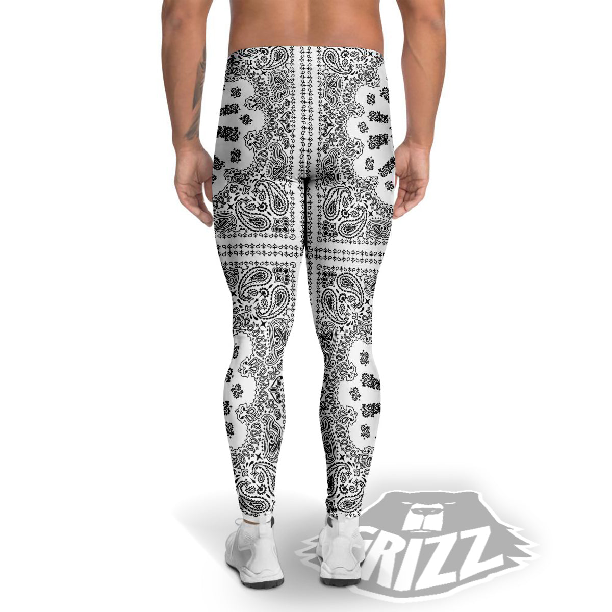 Bandana White And Black Paisley Print Pattern Men's Leggings-grizzshop