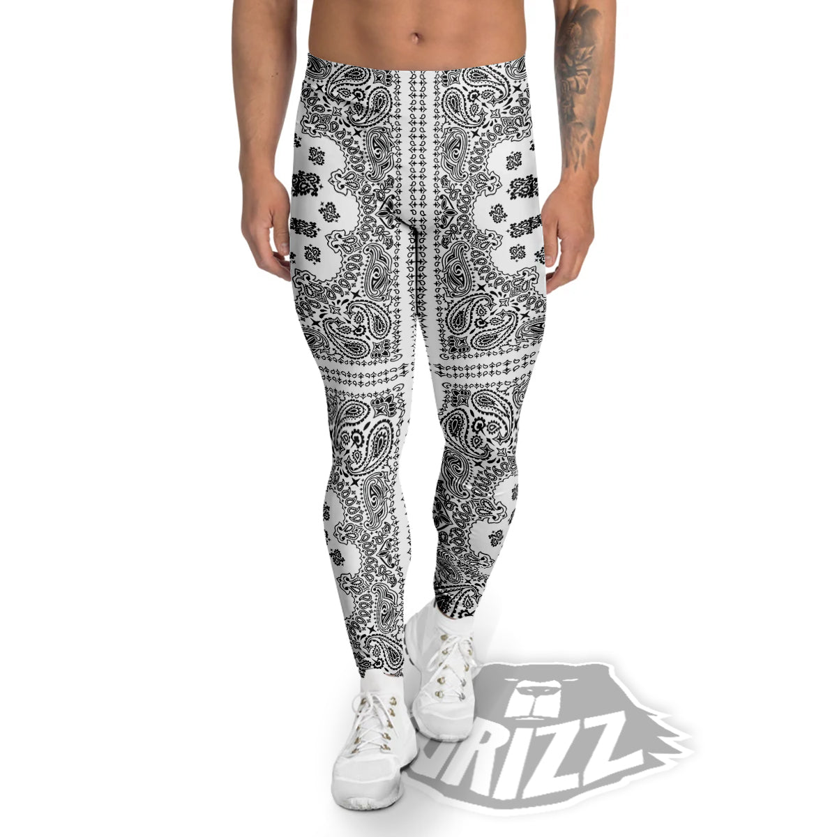 Bandana White And Black Paisley Print Pattern Men's Leggings-grizzshop