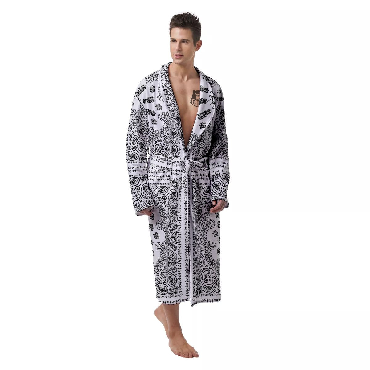 Bandana White And Black Paisley Print Pattern Men's Robe-grizzshop