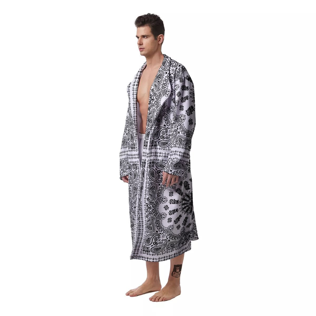 Bandana White And Black Paisley Print Pattern Men's Robe-grizzshop