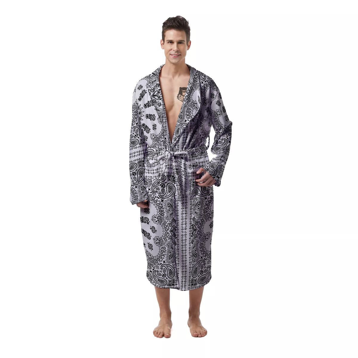 Bandana White And Black Paisley Print Pattern Men's Robe-grizzshop