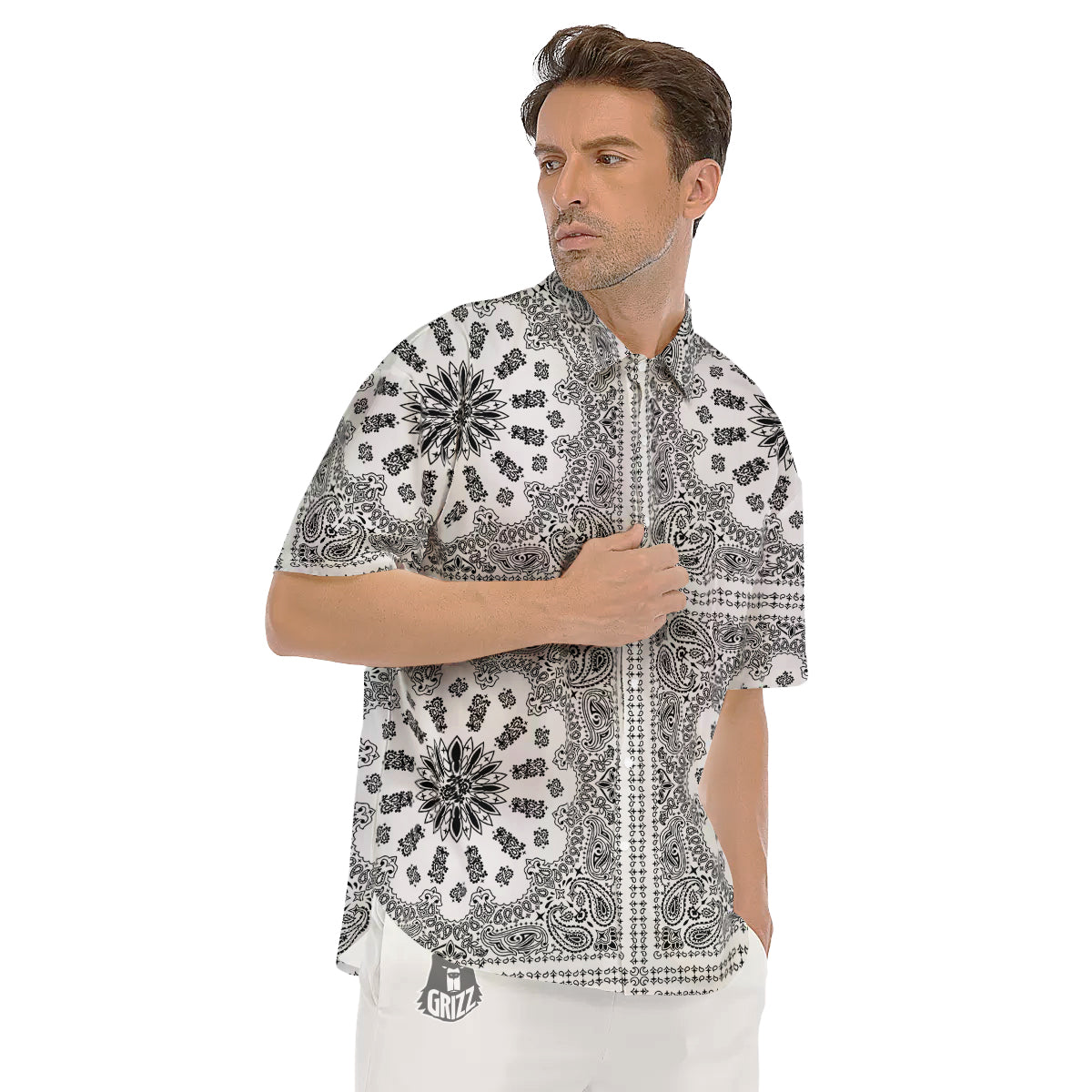 Bandana White And Black Paisley Print Pattern Men's Short Sleeve Shirts-grizzshop