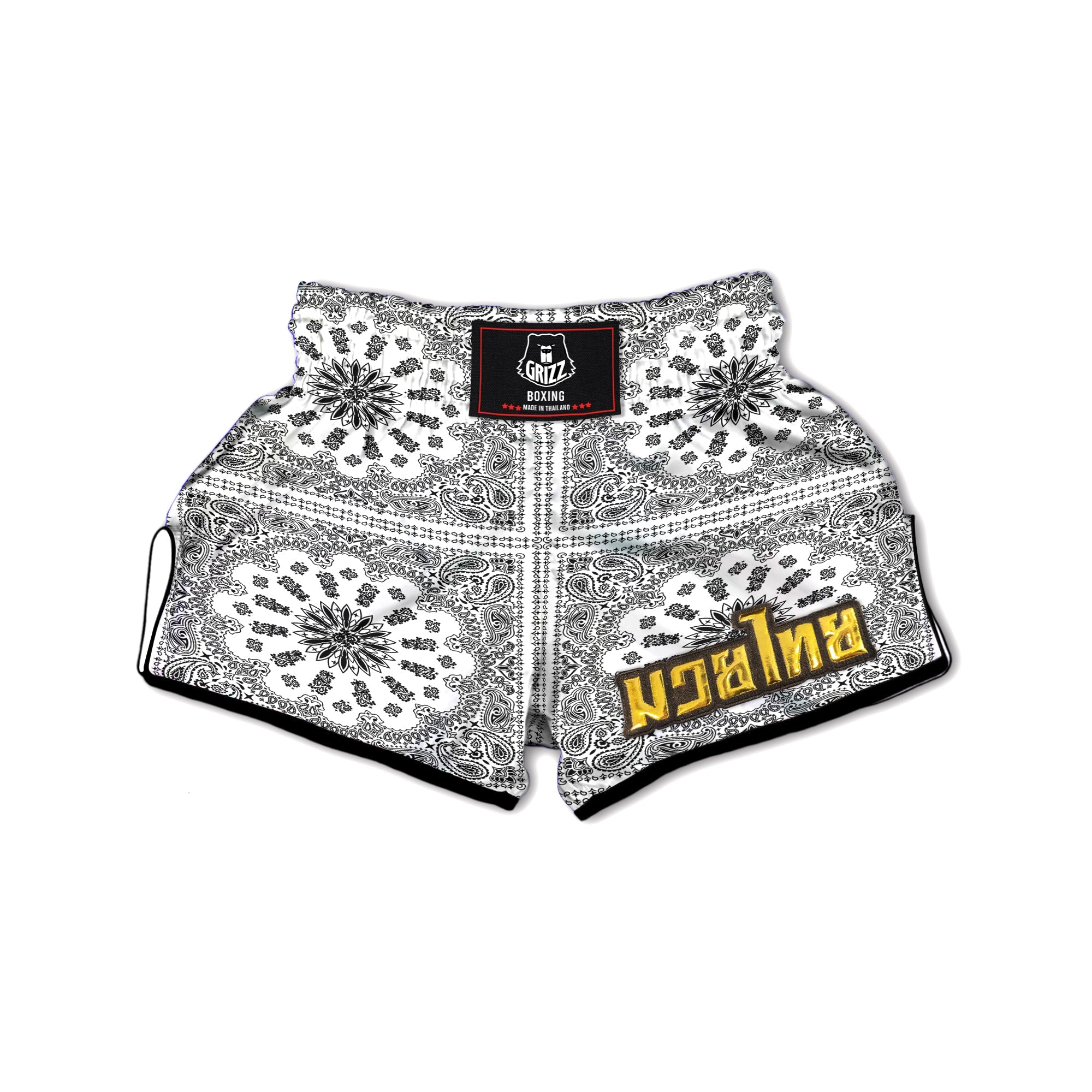 Bandana White And Black Paisley Print Pattern Muay Thai Boxing Shorts-grizzshop