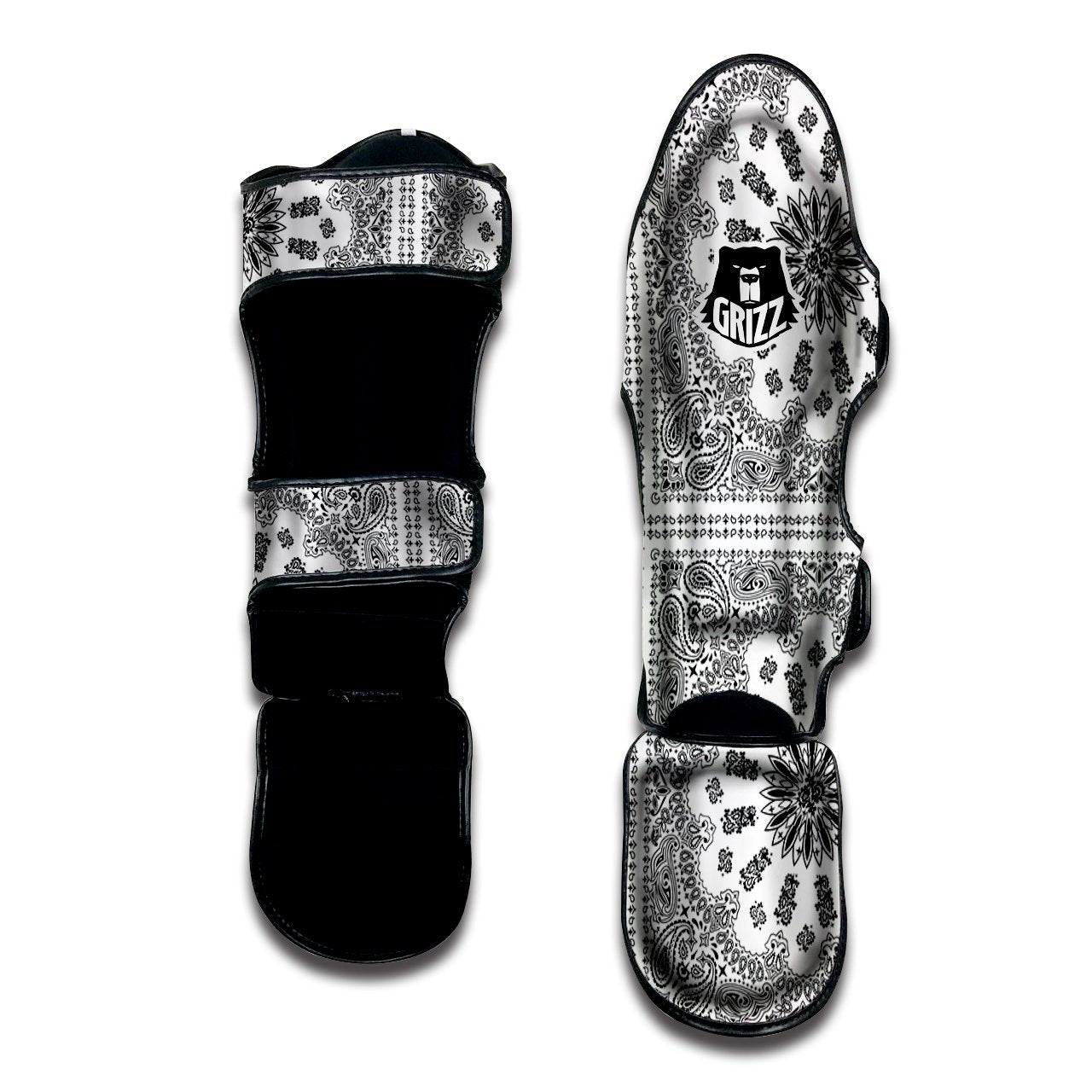 Bandana White And Black Paisley Print Pattern Muay Thai Shin Guards-grizzshop