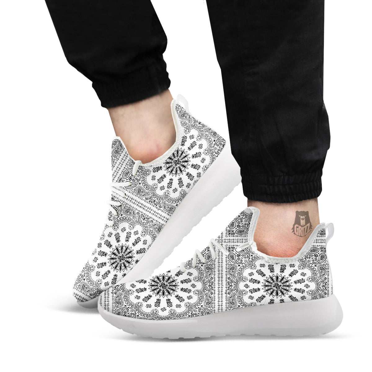 Bandana White And Black Paisley Print Pattern White Athletic Shoes-grizzshop