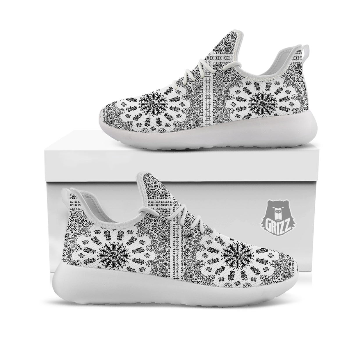 Bandana White And Black Paisley Print Pattern White Athletic Shoes-grizzshop