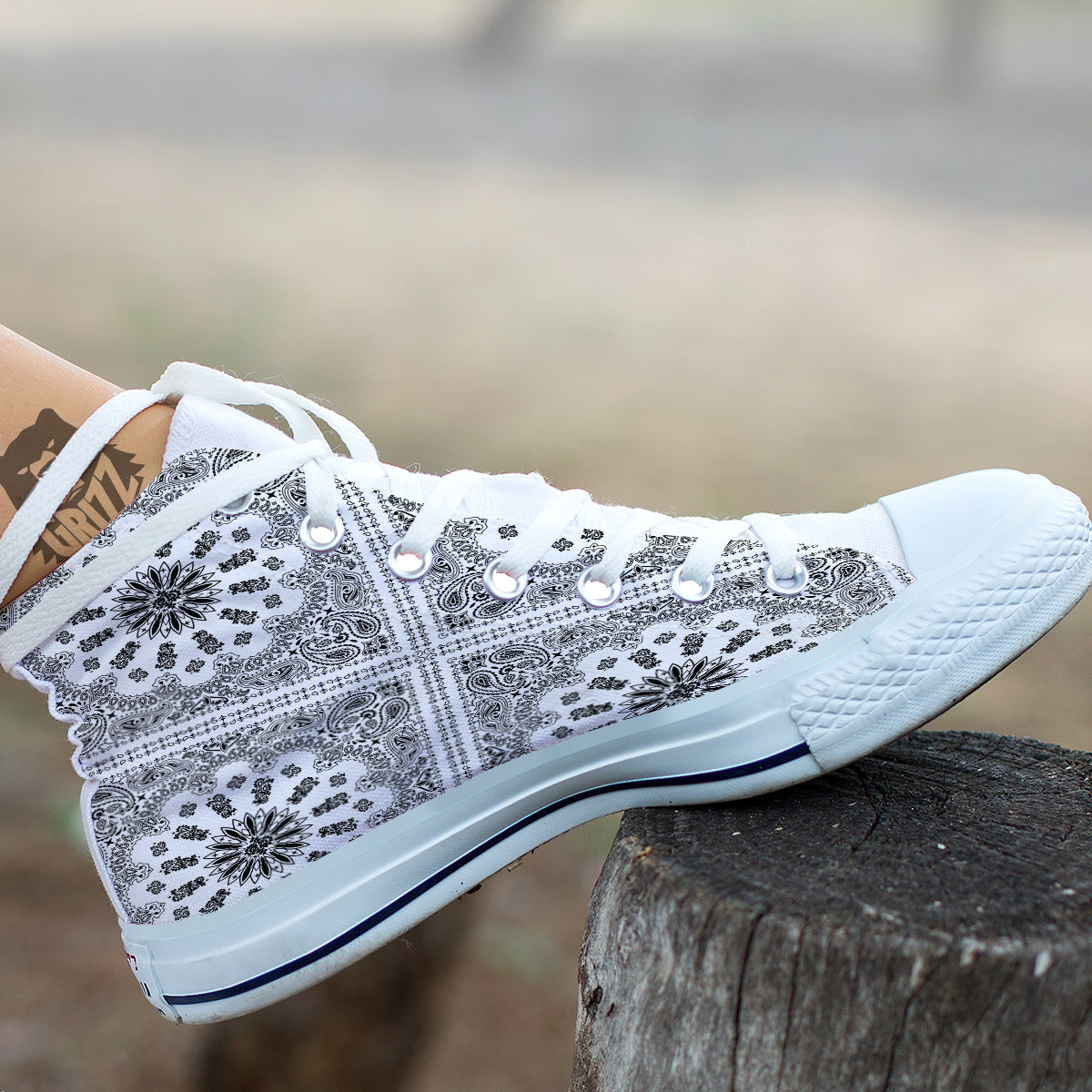 Bandana White And Black Paisley Print Pattern White High Top Shoes-grizzshop