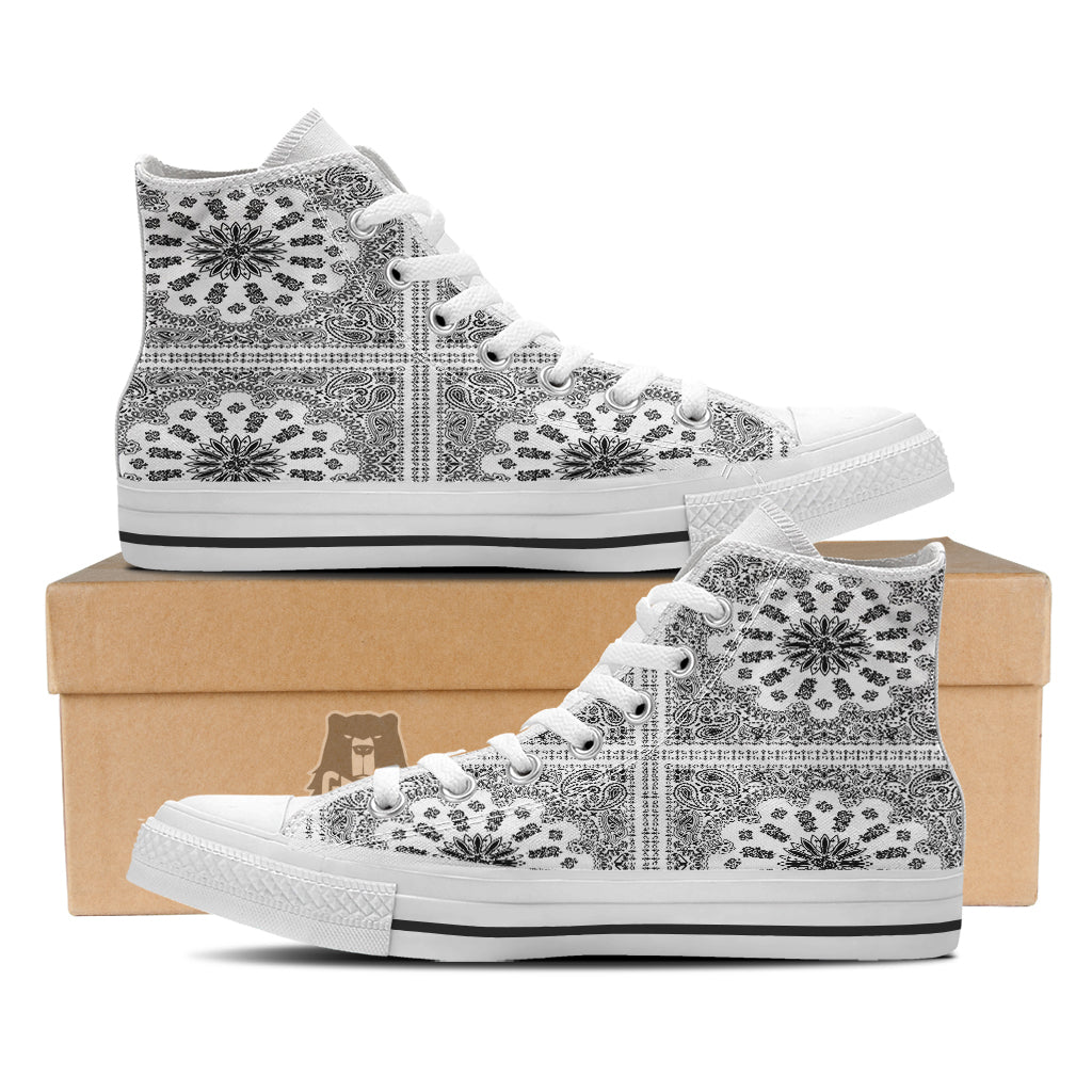 Bandana White And Black Paisley Print Pattern White High Top Shoes-grizzshop