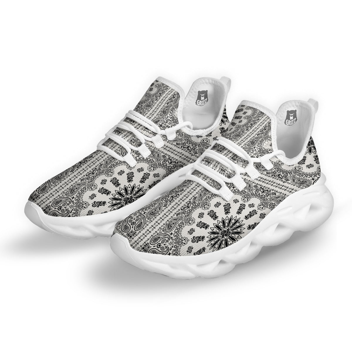 Bandana White And Black Paisley Print Pattern White Running Shoes-grizzshop