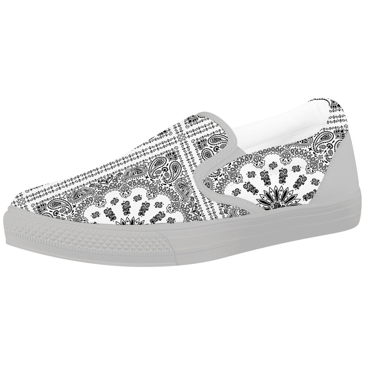 Bandana White And Black Paisley Print Pattern White Slip On Shoes-grizzshop