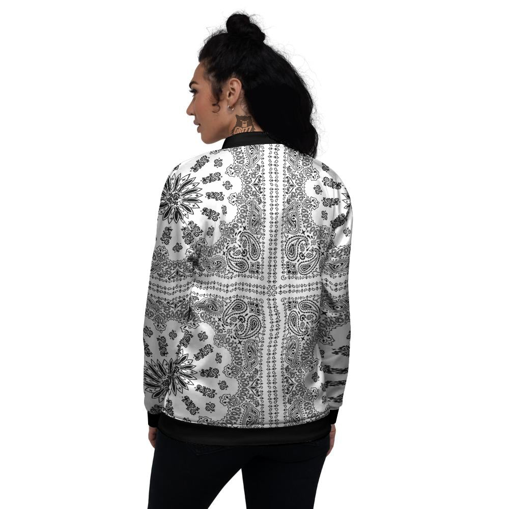 Bandana White And Black Paisley Print Pattern Women's Bomber Jacket-grizzshop