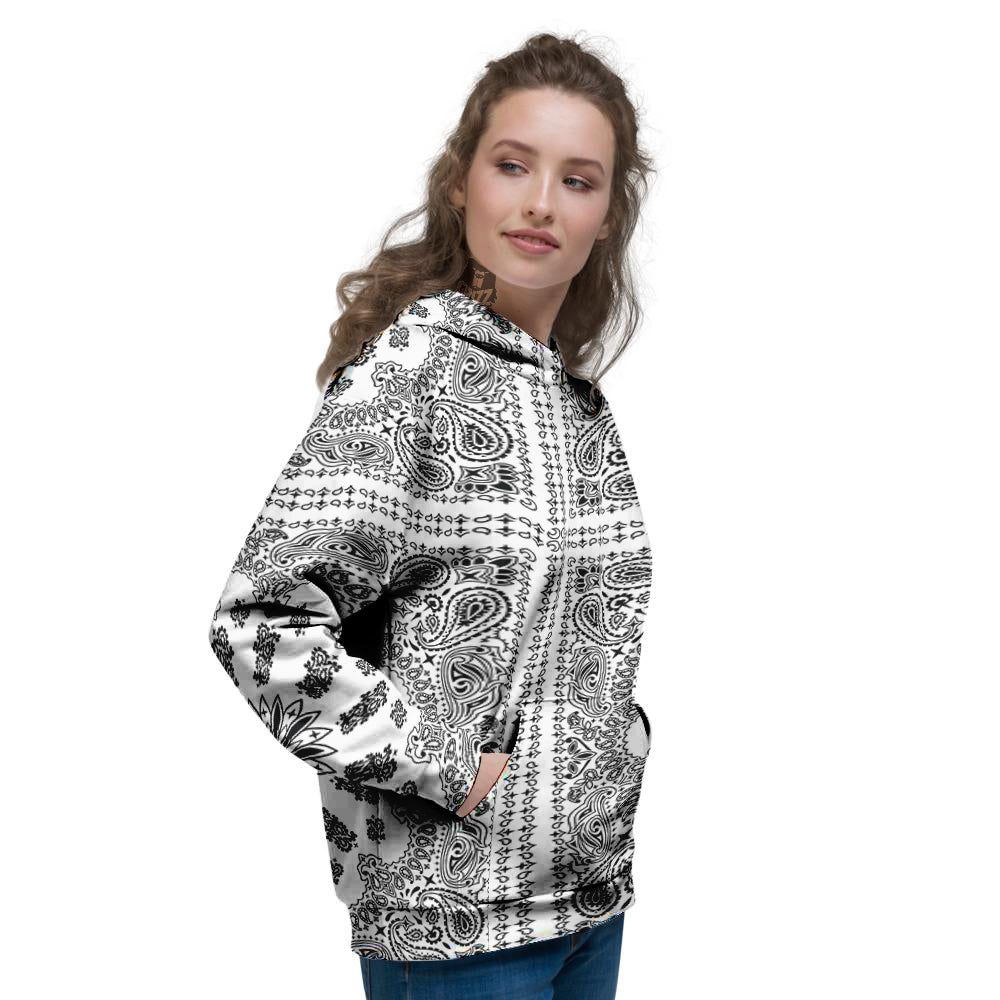 Bandana White And Black Paisley Print Pattern Women's Hoodie-grizzshop