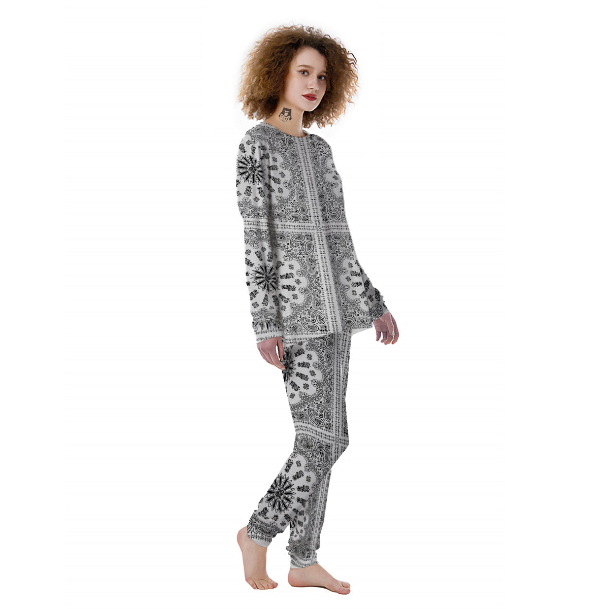 Bandana White And Black Paisley Print Pattern Women's Pajamas-grizzshop