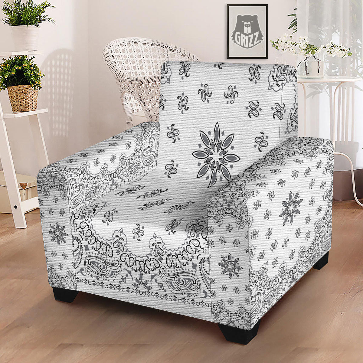 Bandana White And Black Print Armchair Slipcover-grizzshop