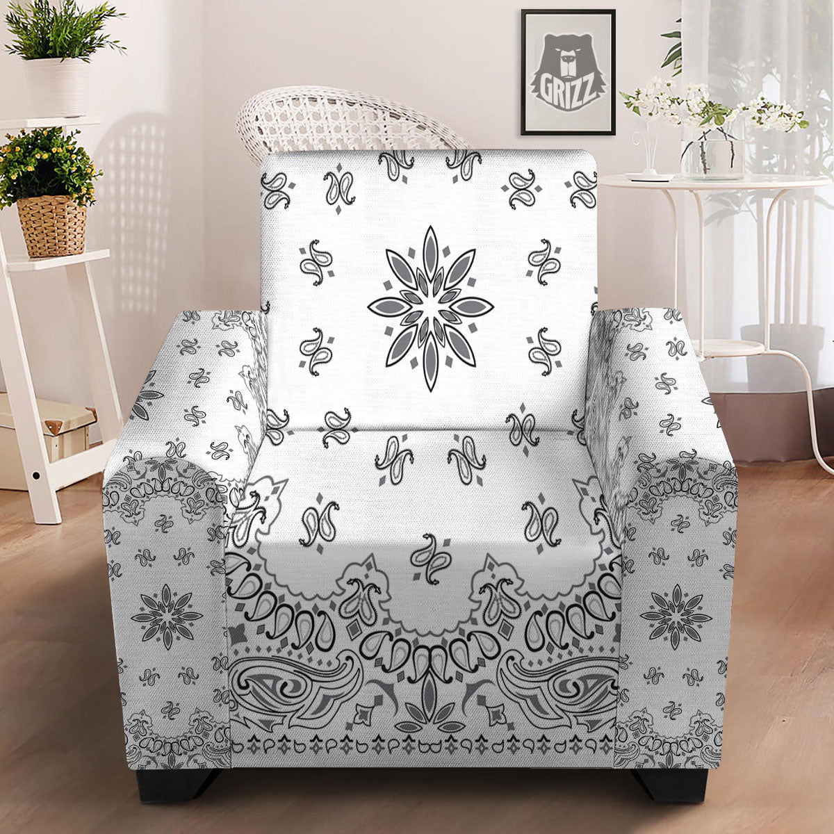 Bandana White And Black Print Armchair Slipcover-grizzshop