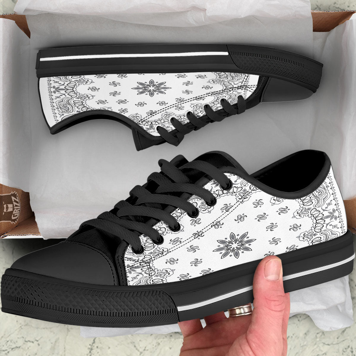 Bandana White And Black Print Black Low Top Shoes-grizzshop