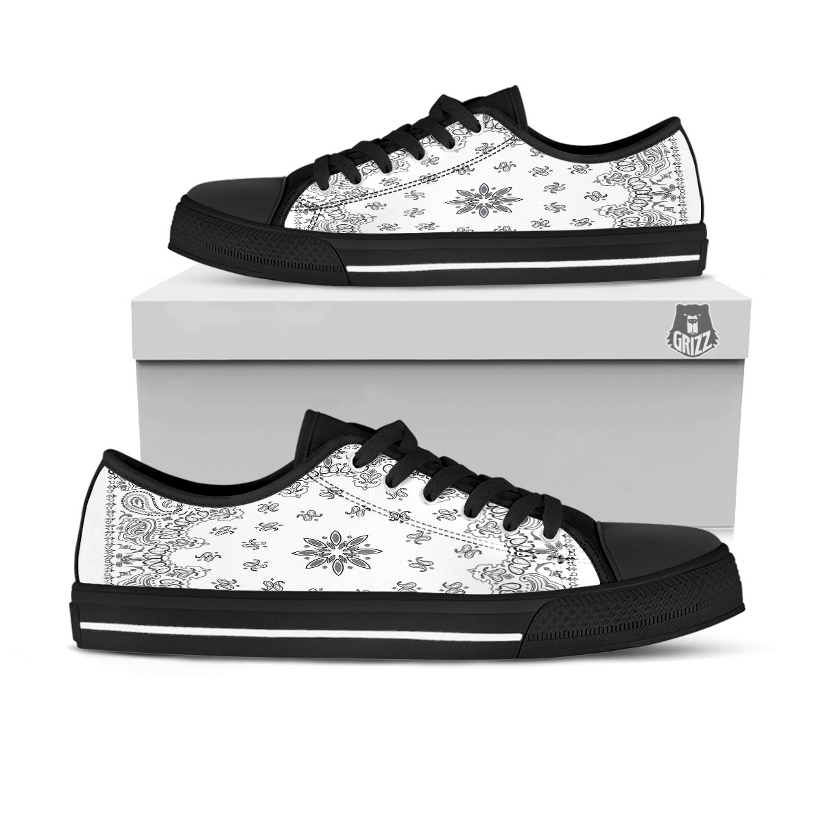 Bandana White And Black Print Black Low Top Shoes-grizzshop