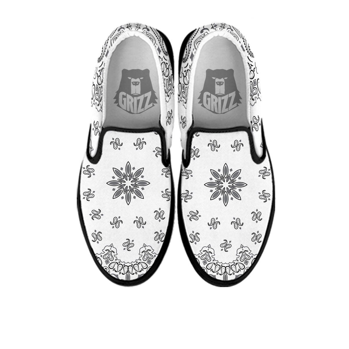 Bandana White And Black Print Black Slip On Shoes-grizzshop