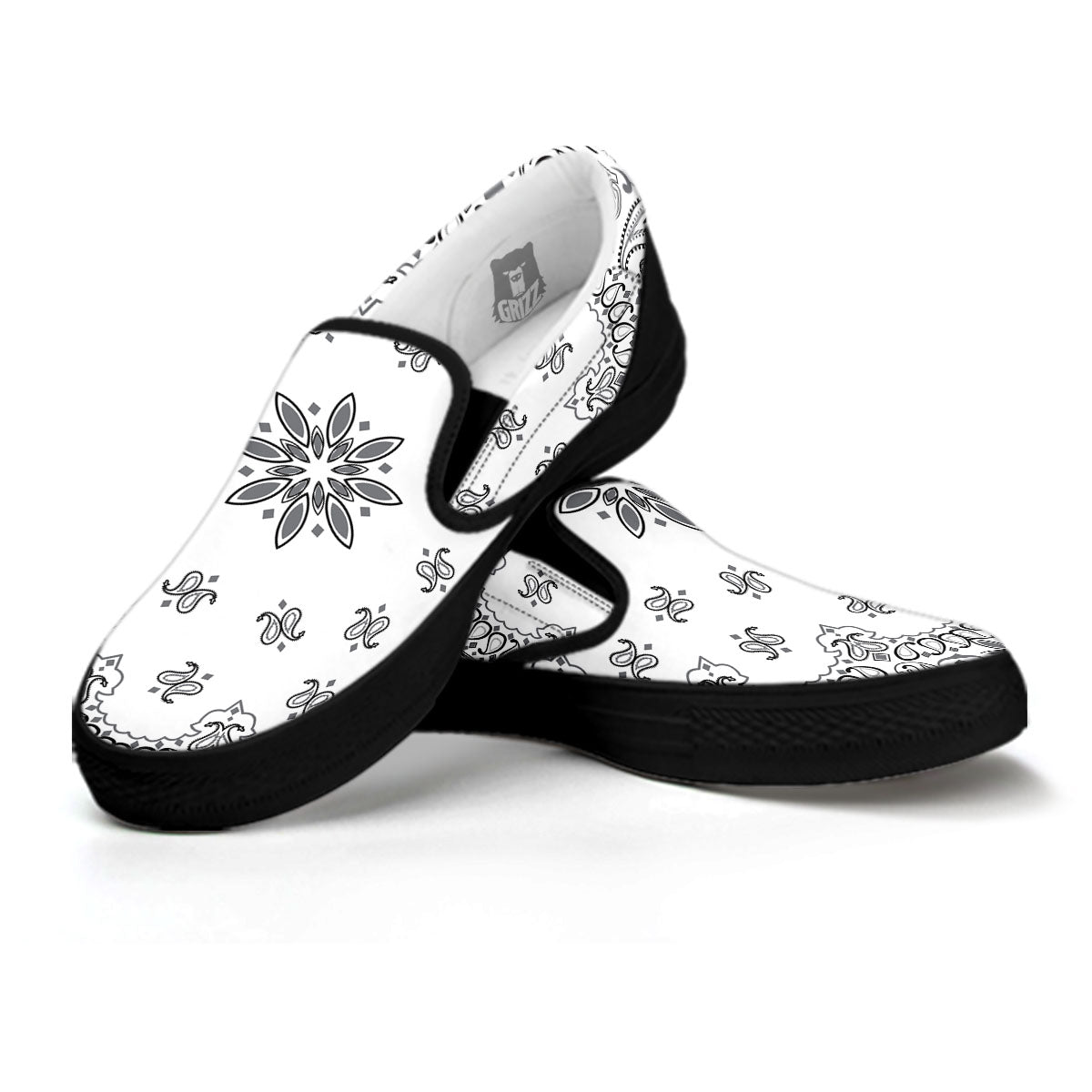 Bandana White And Black Print Black Slip On Shoes-grizzshop