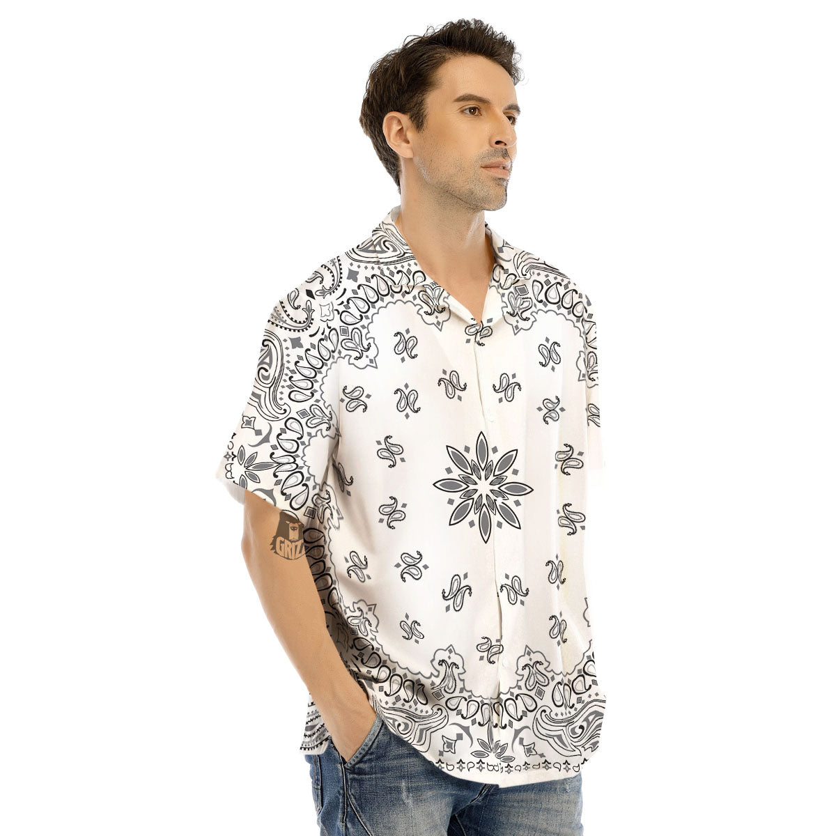 Bandana White And Black Print Men's Hawaiian Shirt-grizzshop