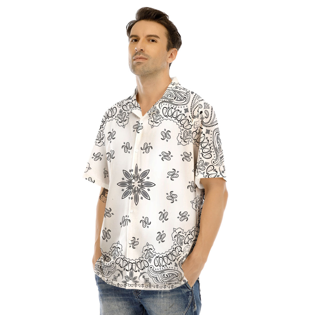 Bandana White And Black Print Men's Hawaiian Shirt-grizzshop
