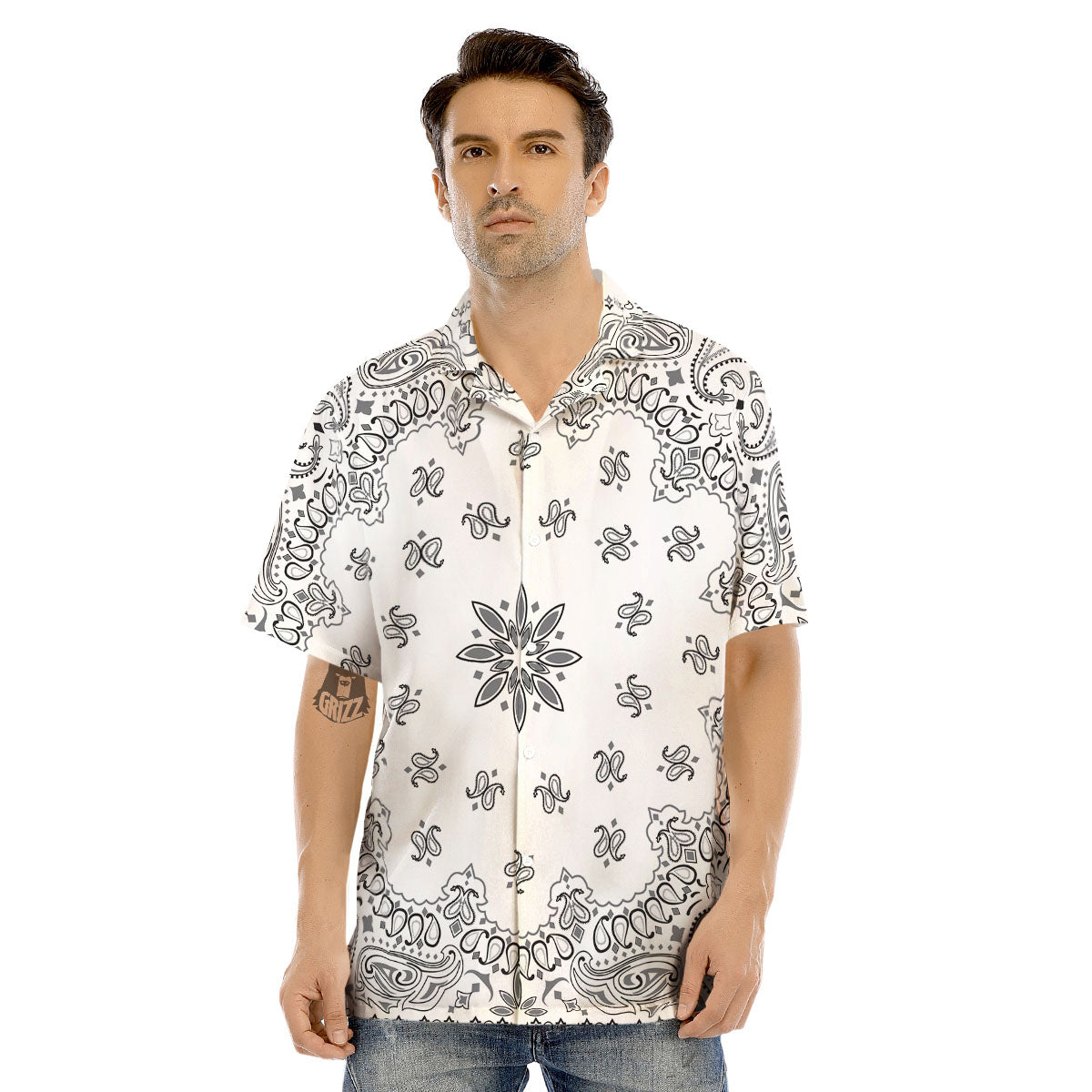 Bandana White And Black Print Men's Hawaiian Shirt-grizzshop