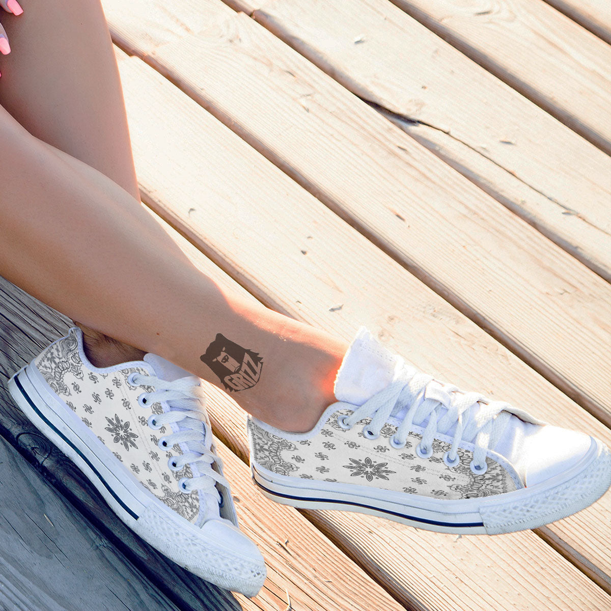 Bandana White And Black Print White Low Top Shoes-grizzshop