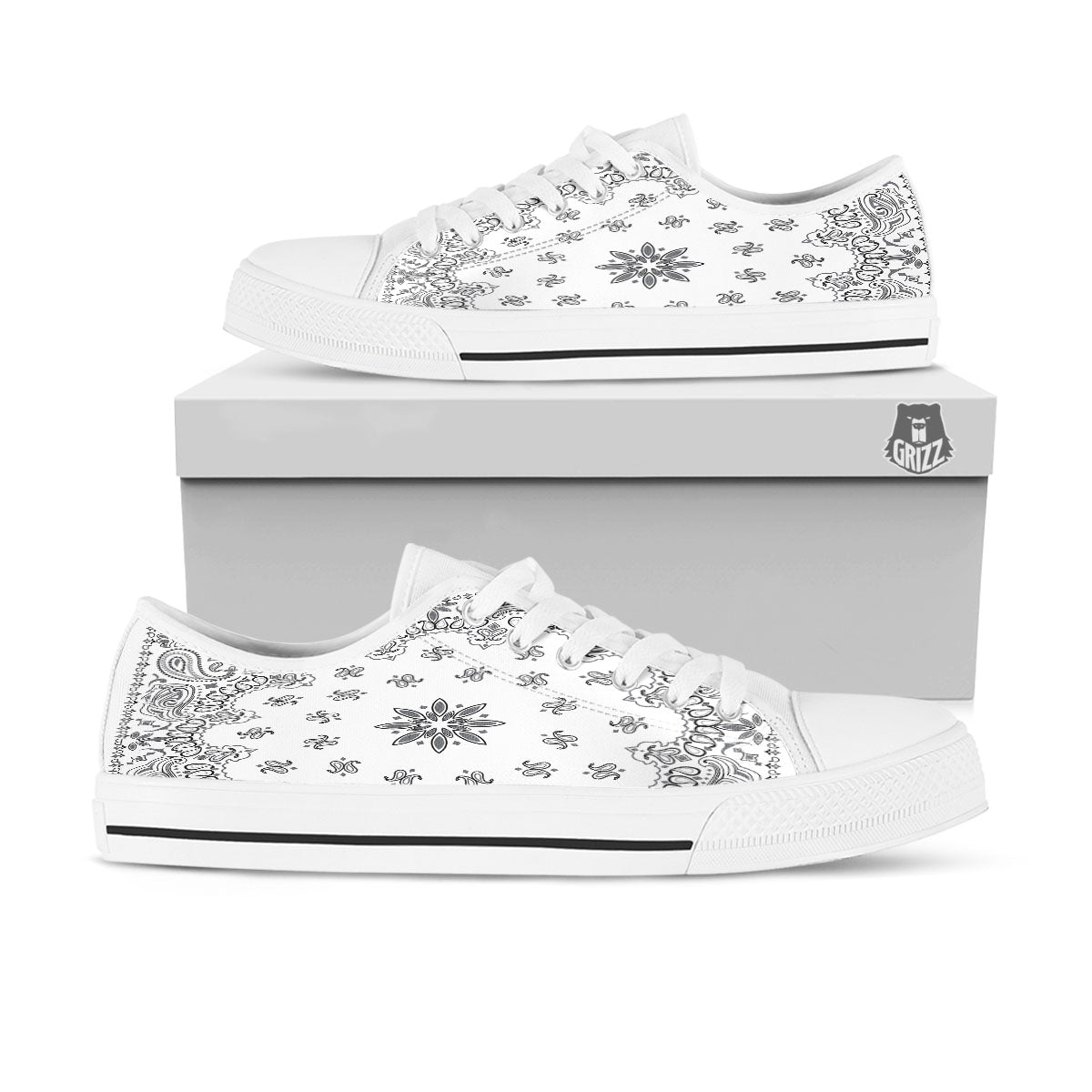 Bandana White And Black Print White Low Top Shoes-grizzshop