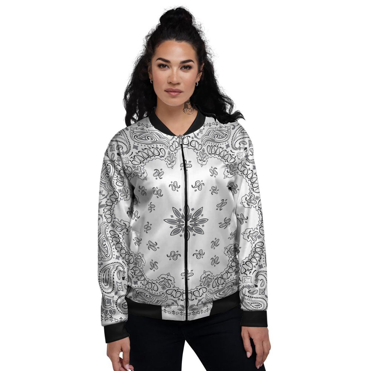 Bandana White And Black Print Women's Bomber Jacket-grizzshop