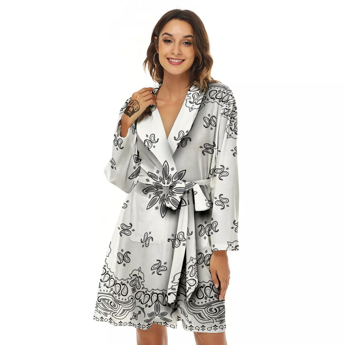 Bandana White And Black Print Women's Robe-grizzshop