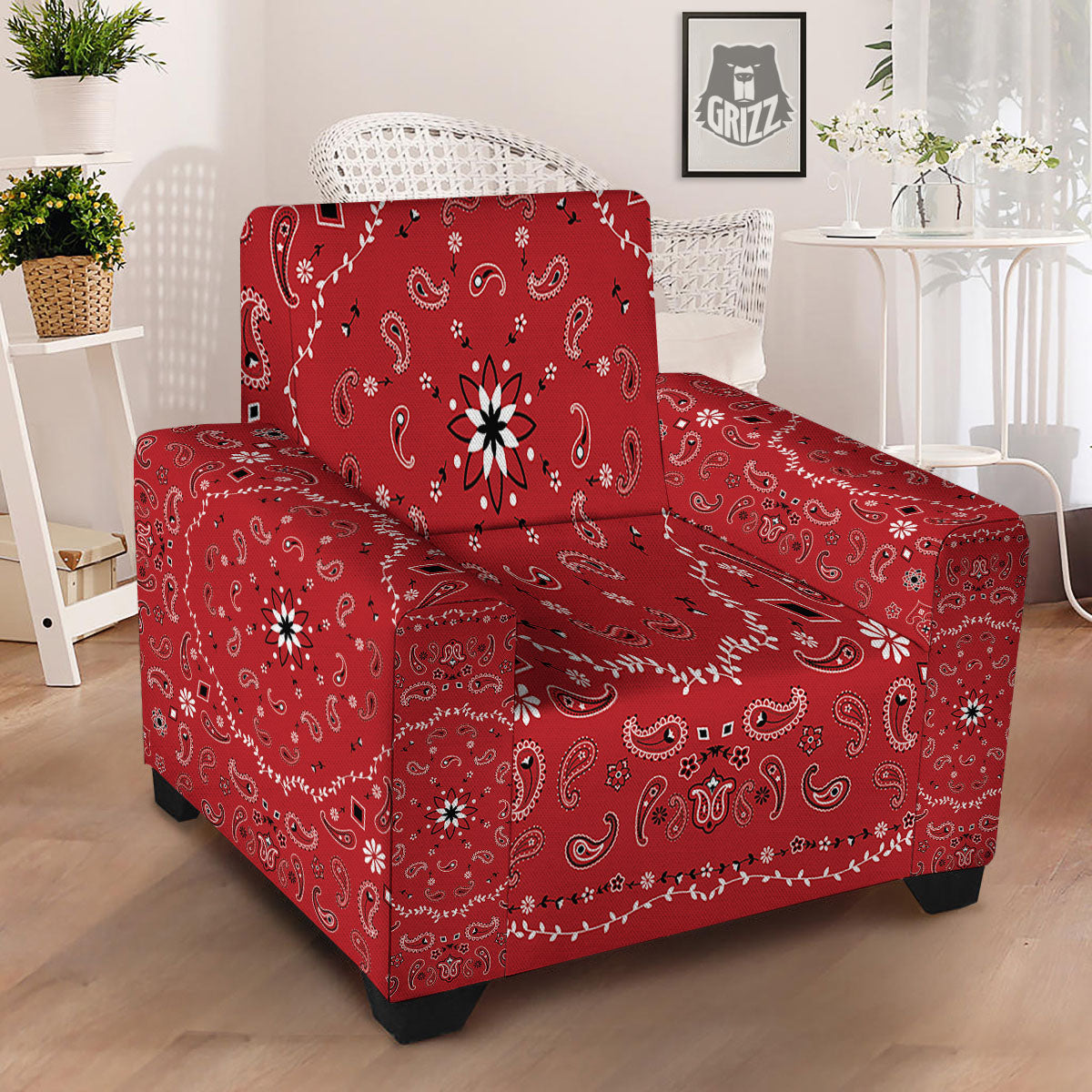 Bandana White And Red Print Armchair Slipcover-grizzshop