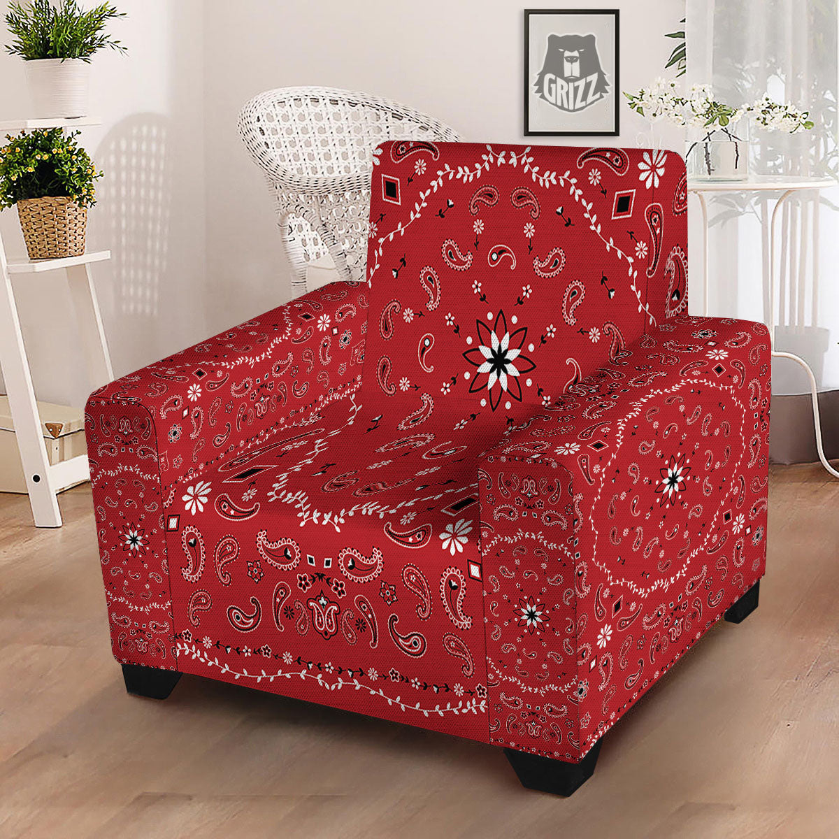 Bandana White And Red Print Armchair Slipcover-grizzshop