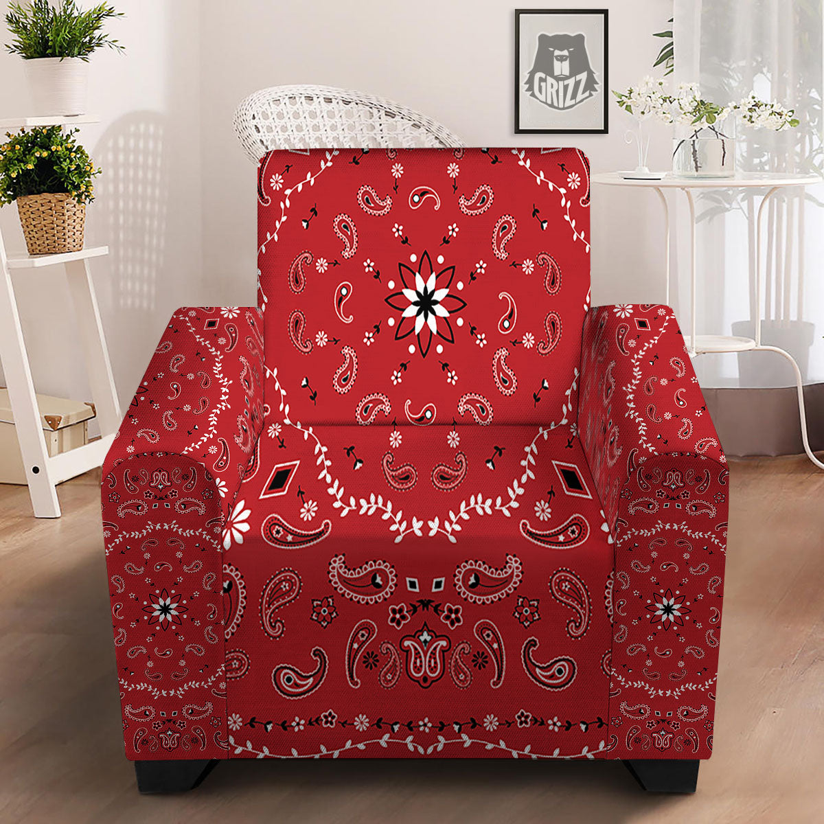 Bandana White And Red Print Armchair Slipcover-grizzshop