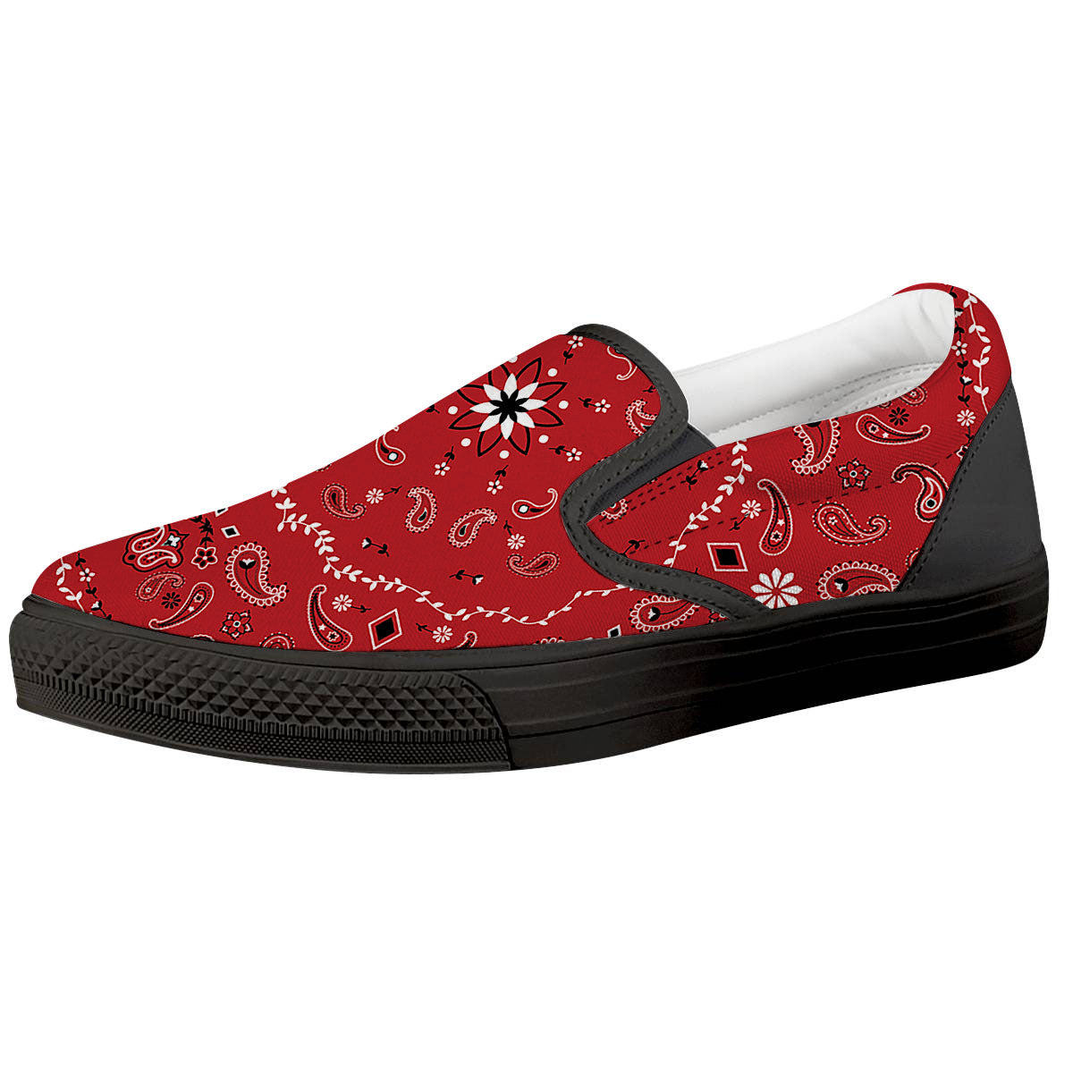 Bandana White And Red Print Black Slip On Shoes-grizzshop